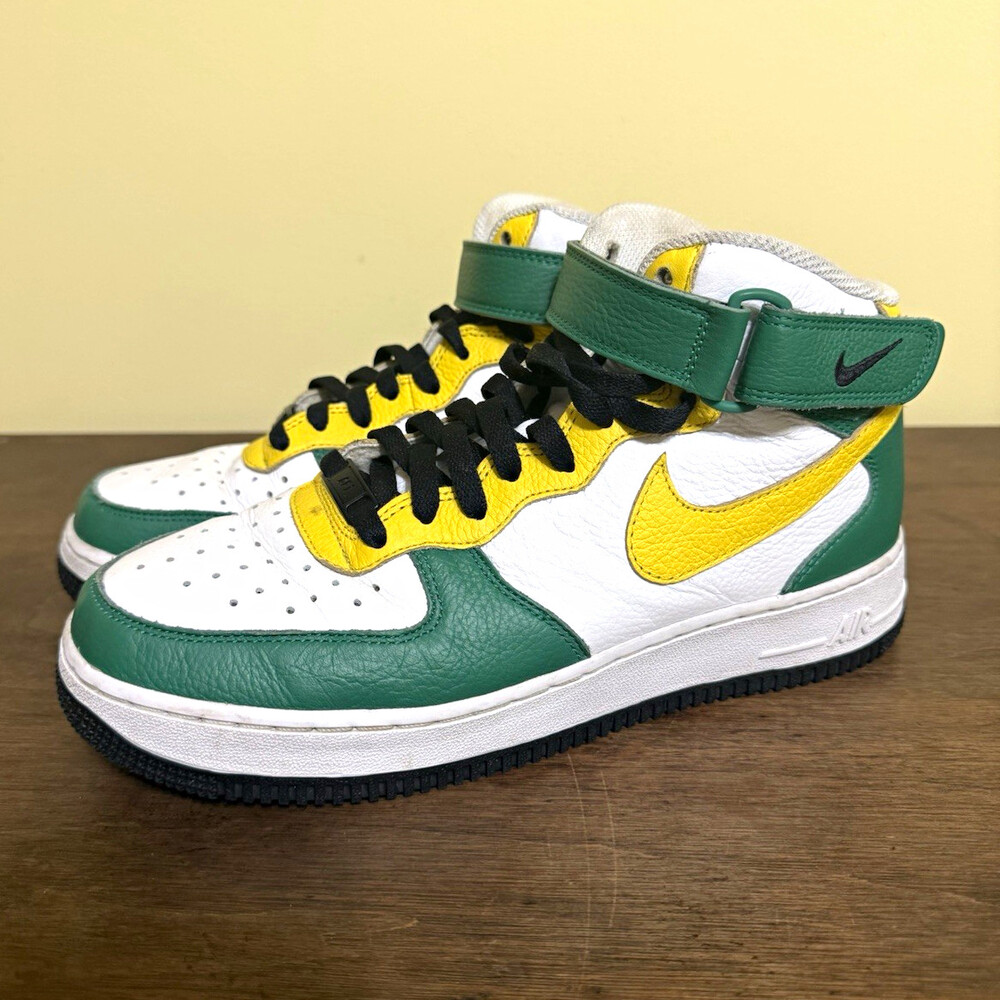Nike Air Force 1 Mid Top Ankle Strap Size 9 Leather Sneakers Green Yellow White